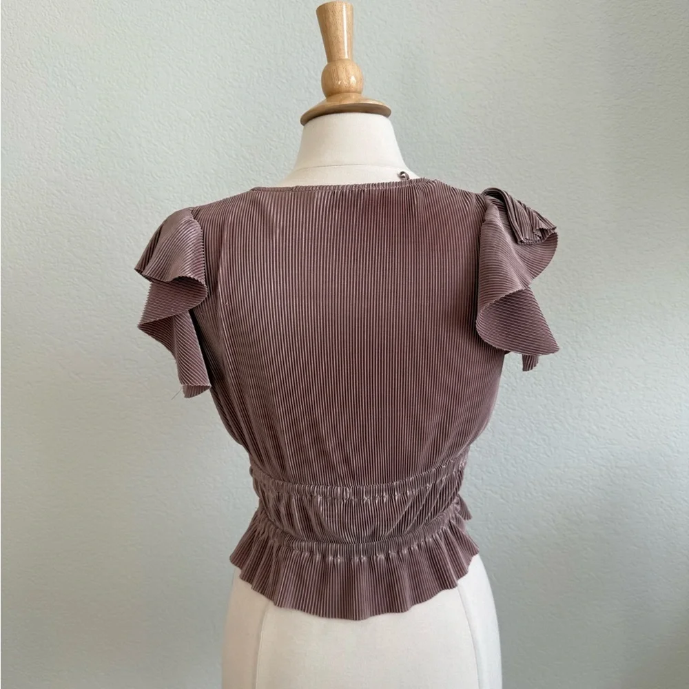 Zara Mauve V-Neck pleated Women's Taupe Top - Picture 2 of 4